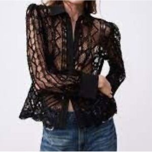 Zara - Black Linen Blend Crochet Beautiful See Thru Print Button Down Blouse SM